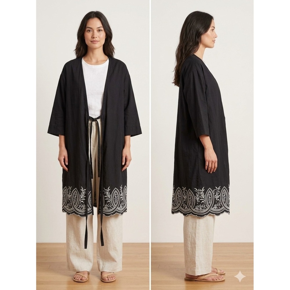 Soma Kimono Robe Womens S/M Regular Black Embroidered Open Front  Tie